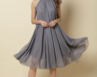 Chiffon Grey Party Dress: Knee Length Bridesmaid Dress with Belts