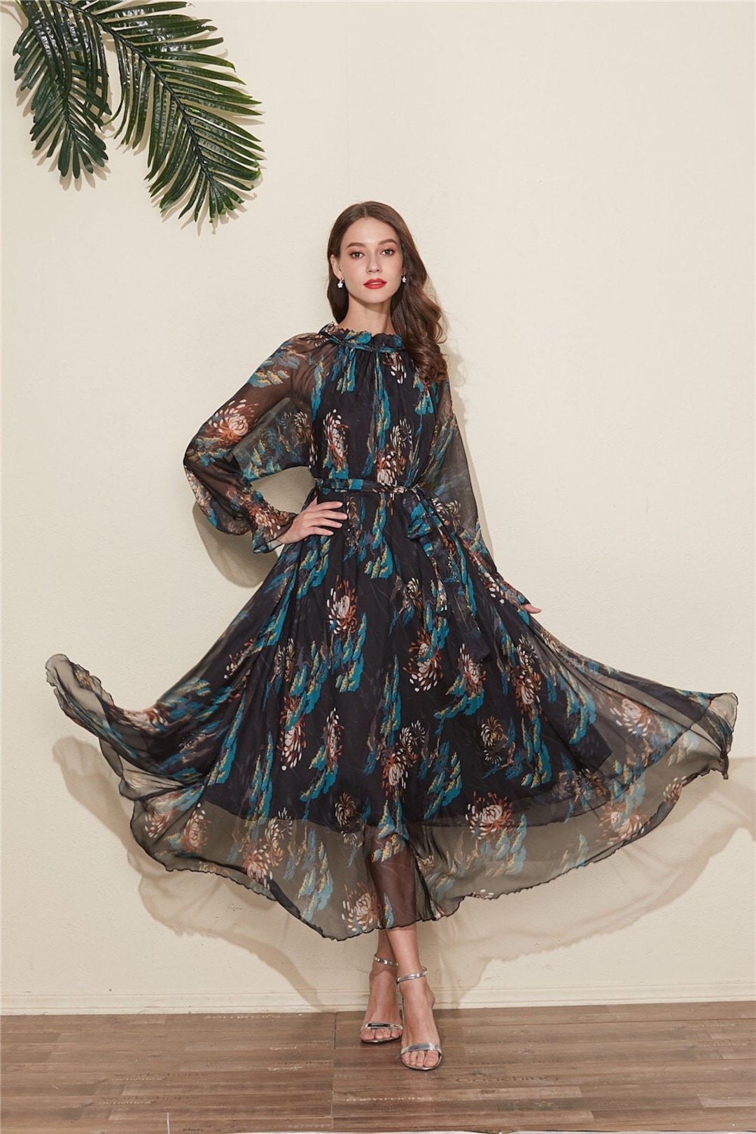 Chiffon Maxi Dress: Blue Black Floral Long Sleeve Party Gown