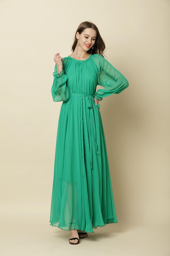 Green Chiffon Maxi Dress: Long Sleeve Evening Gown - Etsy