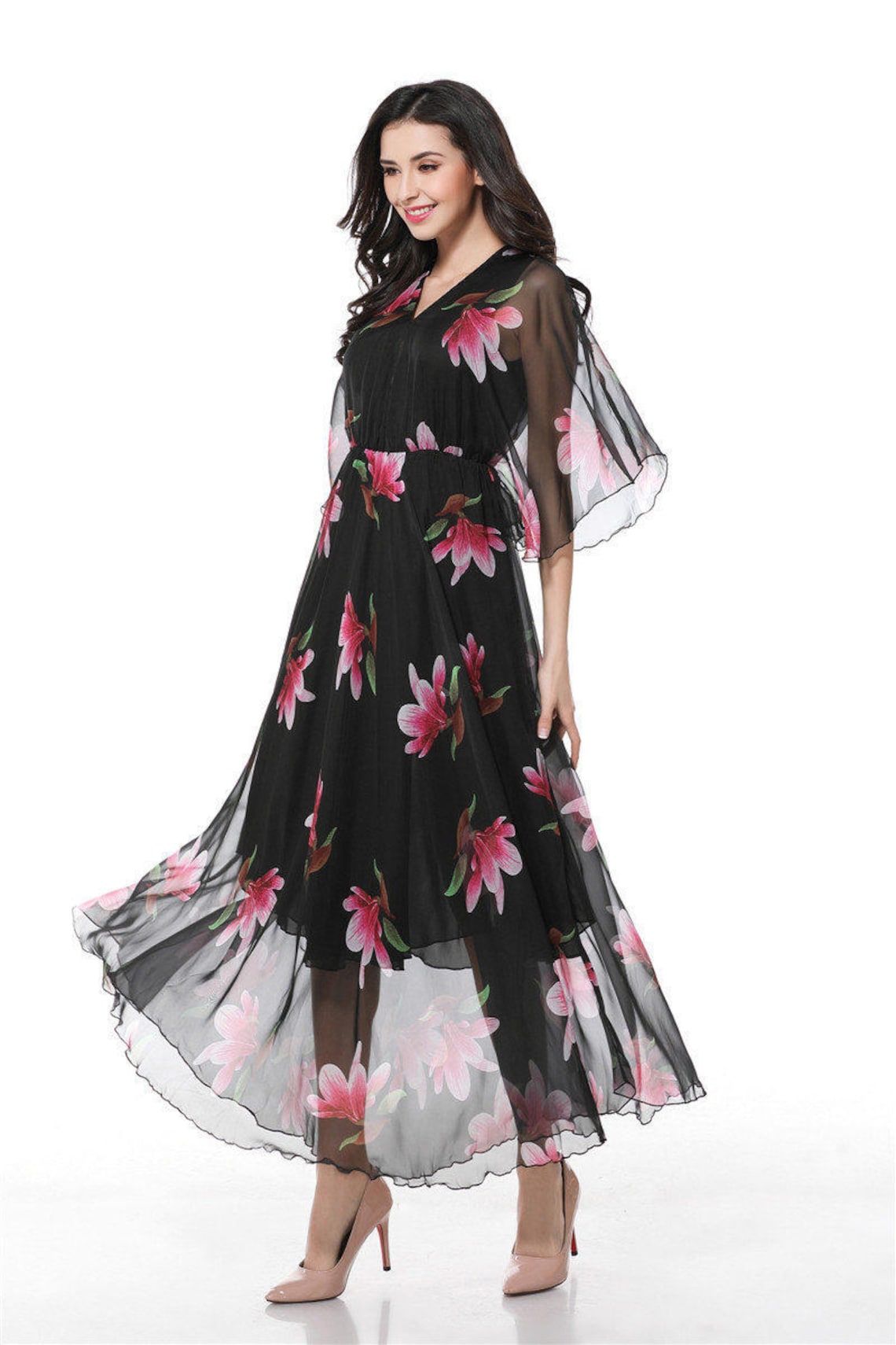 Floral Lace Top and Chiffon Bottom Full-length Dresses Black Plus Size