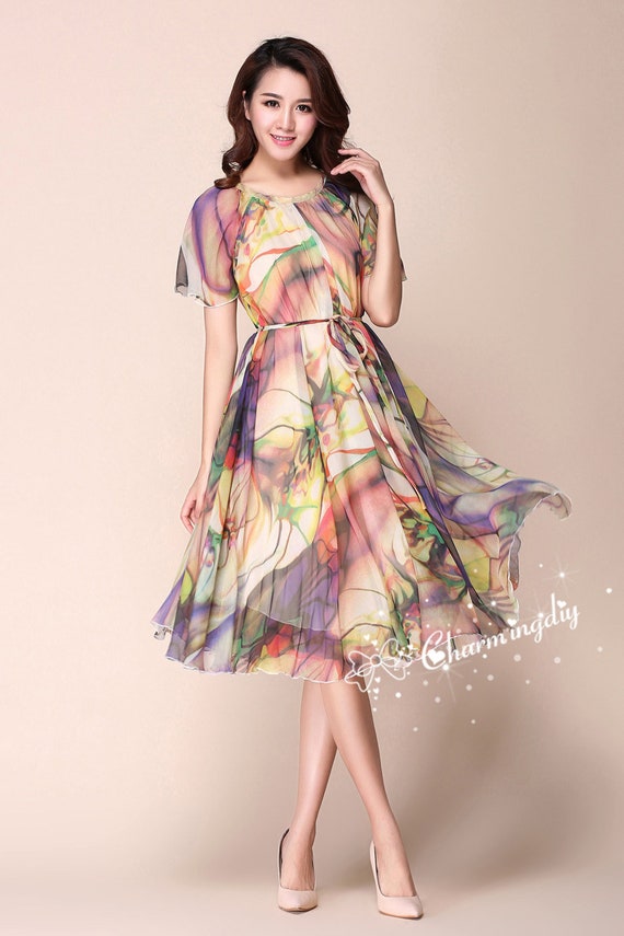 Chiffon Flower Print Dress: Short Sleeve Knee Length Sundress