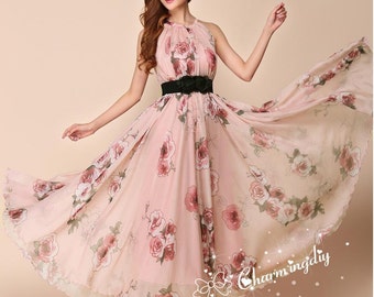 110 colors chiffon pink flower long dress, Maxi dress, summer dress, Custom dress, plus size dress, evening dress, Bridesmaid Dress