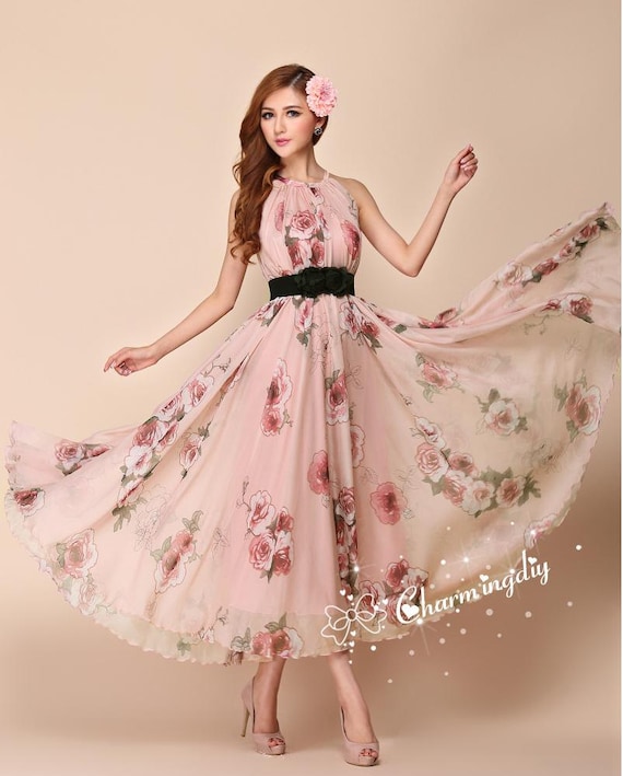 90 colors chiffon pink flower long dress Maxi dress summer | Etsy