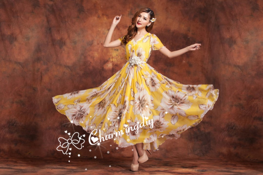 yellow chiffon floral dress Yellow Floral Printed Ruffle Chiffon Cami Dress