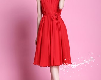 Red Chiffon Knee Length Dress: Party, Wedding, or Bridesmaid