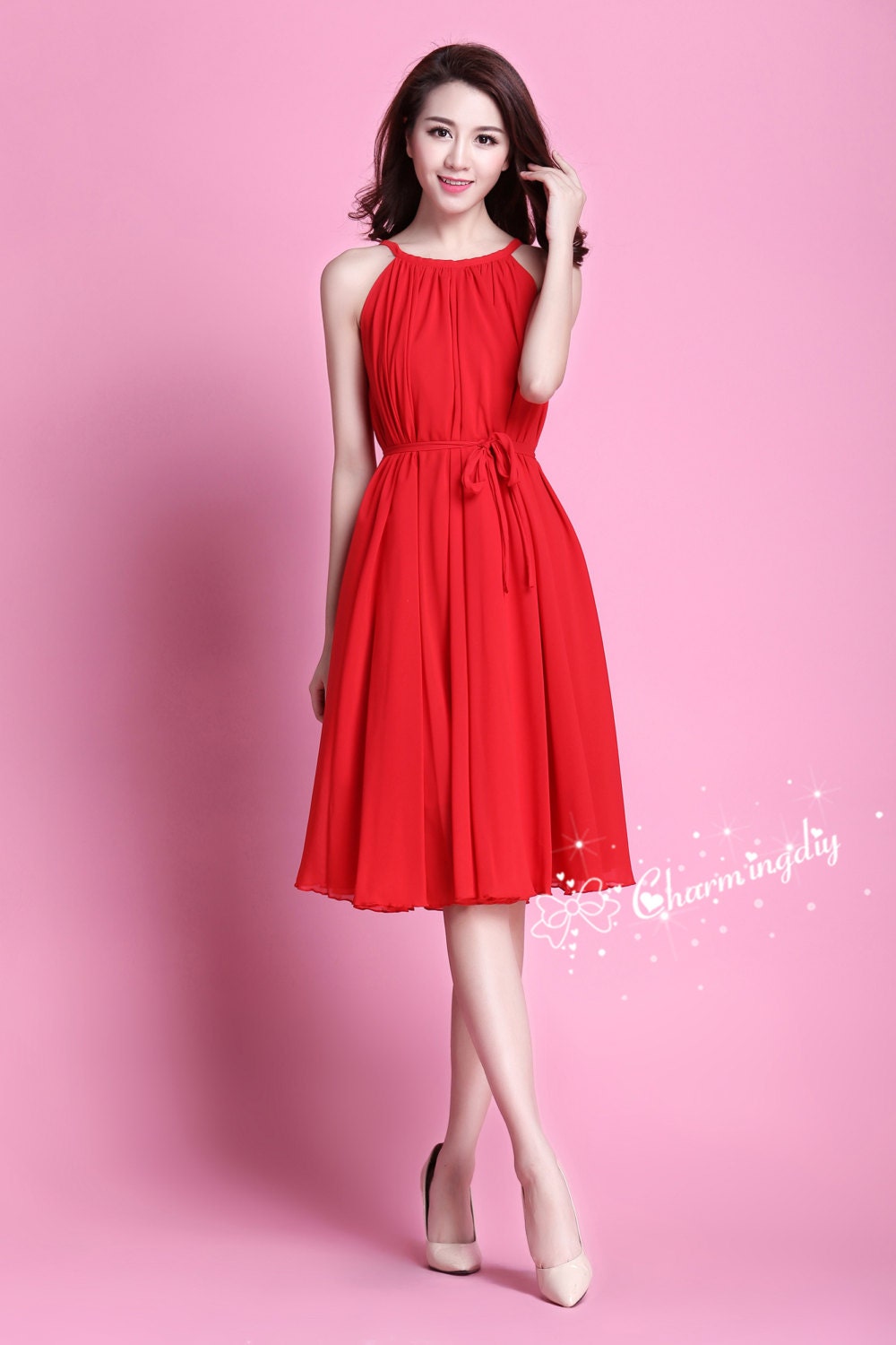 strapless open back dress Simple Short A Line V-neck Chiffon Knee Length Bridesmaid Dress –  Babyonlines main image 1