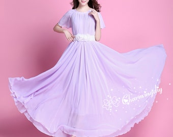 110 Colors Chiffon Light Purple Short Sleeve Long Party Dress Evening Wedding Sundress Summer Holiday Beach Bridesmaid Dress Maxi Skirt