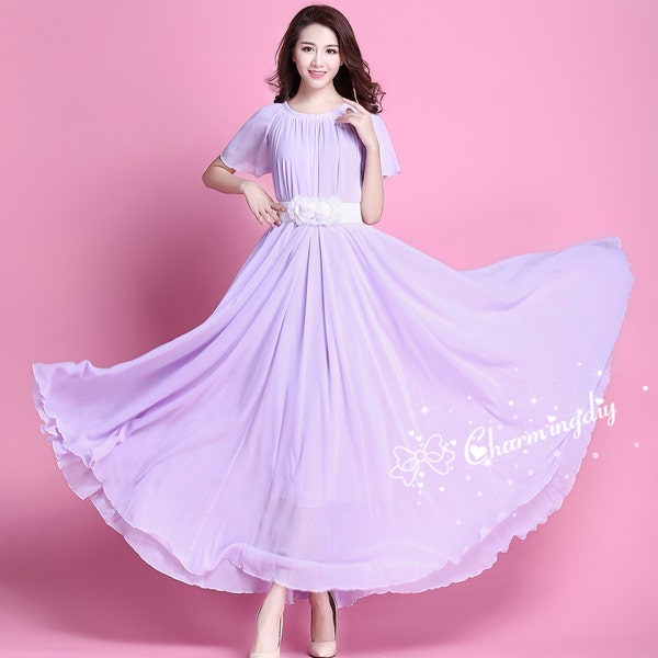 110 Colors Chiffon Light Purple Short Sleeve Long Party Dress Evening Wedding Sundress Summer Holiday Beach Bridesmaid Dress Maxi Skirt