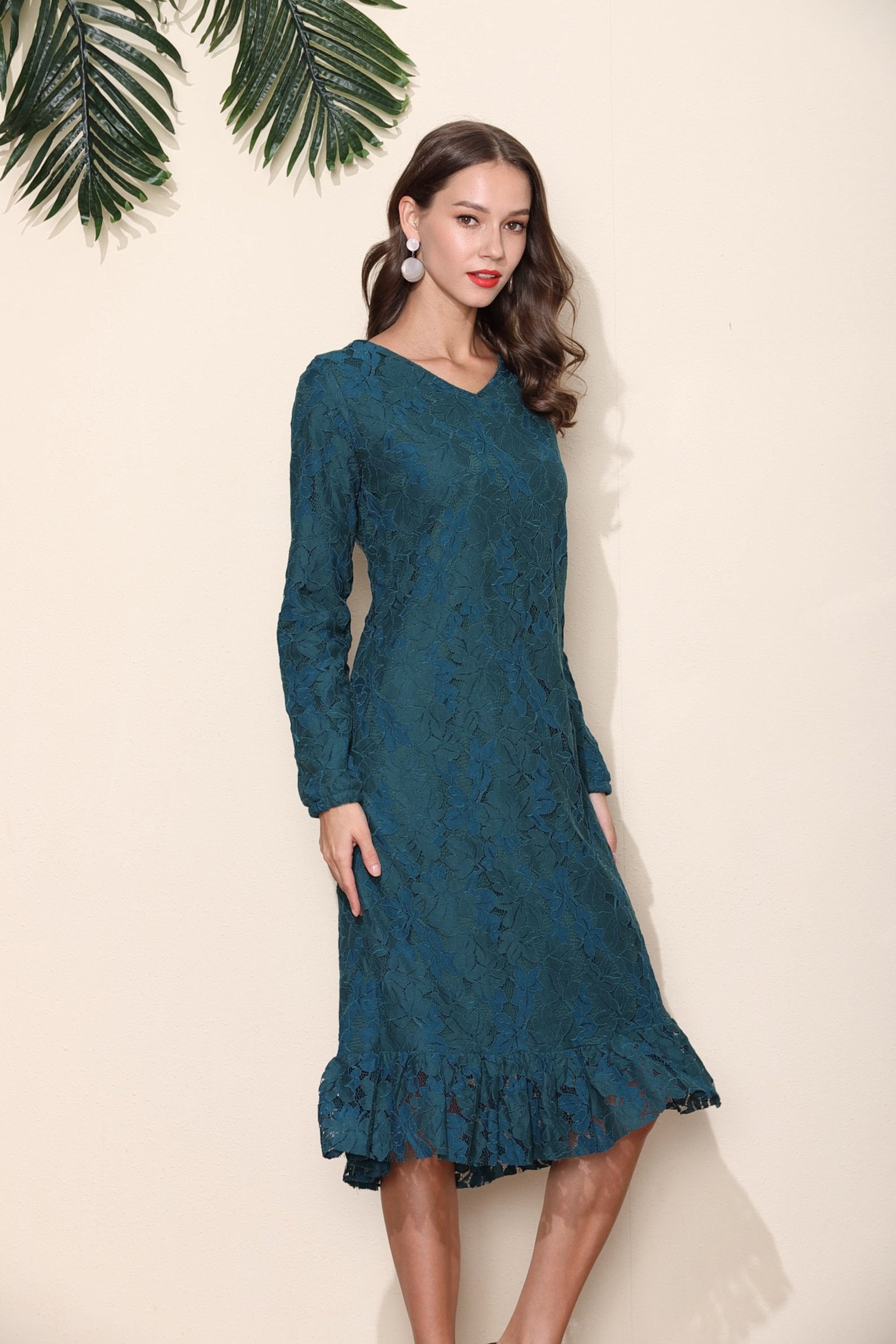 Dark Green Lace Long Sleeve Party Dress Evening Wedding Etsy