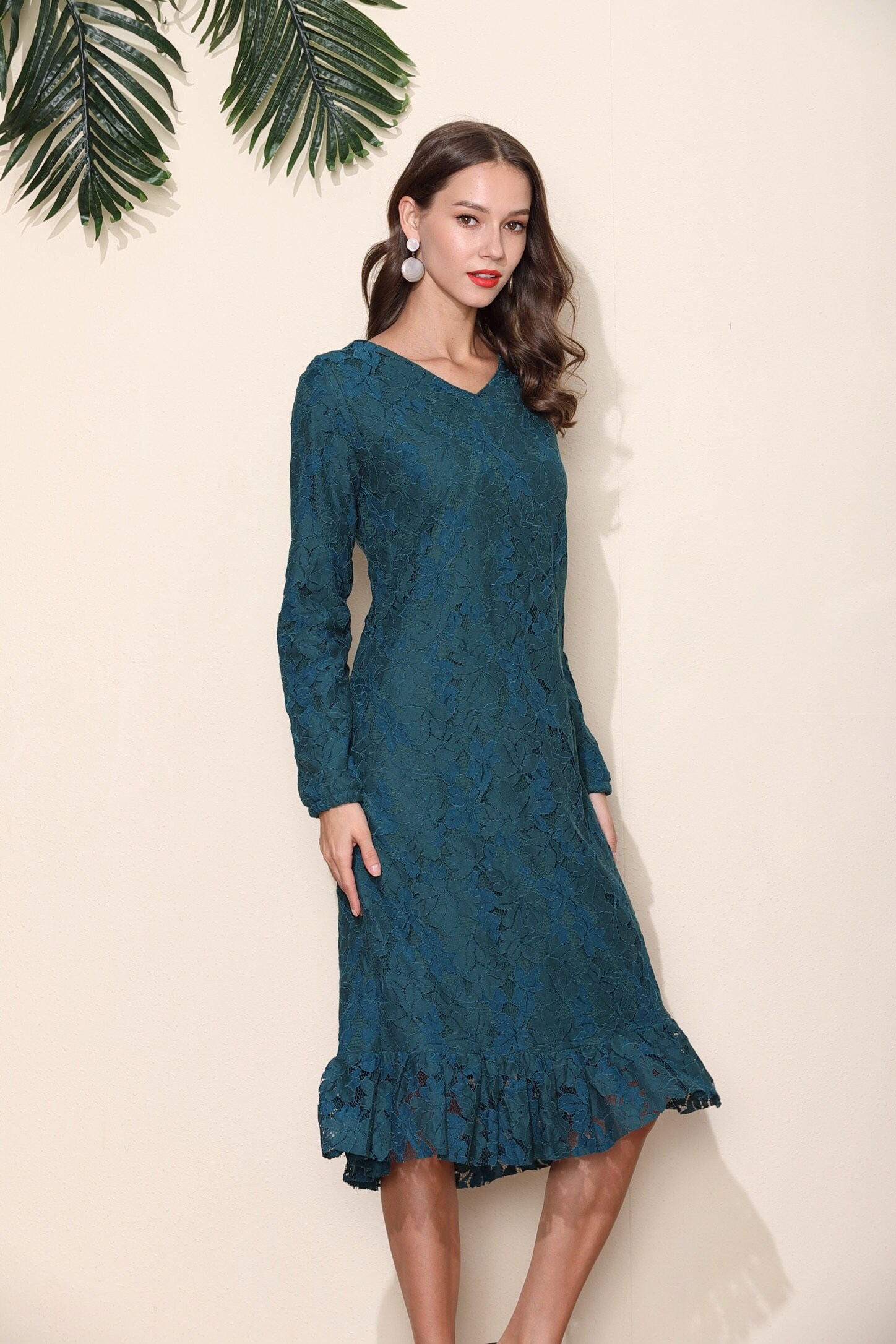 dark green long sleeve lace dress Cicinia Dark Green Mother Of The Bride Dress Long Chiffon Lace A-line Trumpet Sleeves
