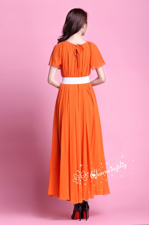 Orange Chiffon Maxi Dress: Short Sleeve Bridesmaid Gown