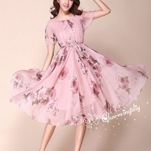 110 colores gasa rosa flor rosa manga corta falda hasta la rodilla fiesta noche boda vestido ligero vestido de verano vestido de dama de honor falda