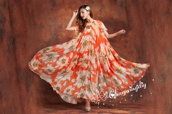 Orange Floral Chiffon Maxi Dress: Lightweight Summer Bridesmaid Gown