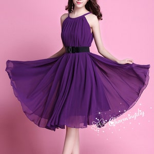 Dark Purple Chiffon Party Dress: Knee Length Bridesmaid Skirt