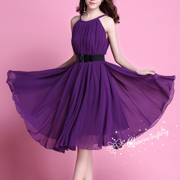 110 Colors Chiffon Dark Purple Knee Skirt Party Dress Evening Wedding Lightweight Sundress Summer Holiday Maternity Dress Bridesmaid Skirt