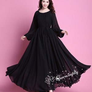 110 Colors Chiffon Black Autumn Long Sleeve Party Big Hem Dress Evening ...