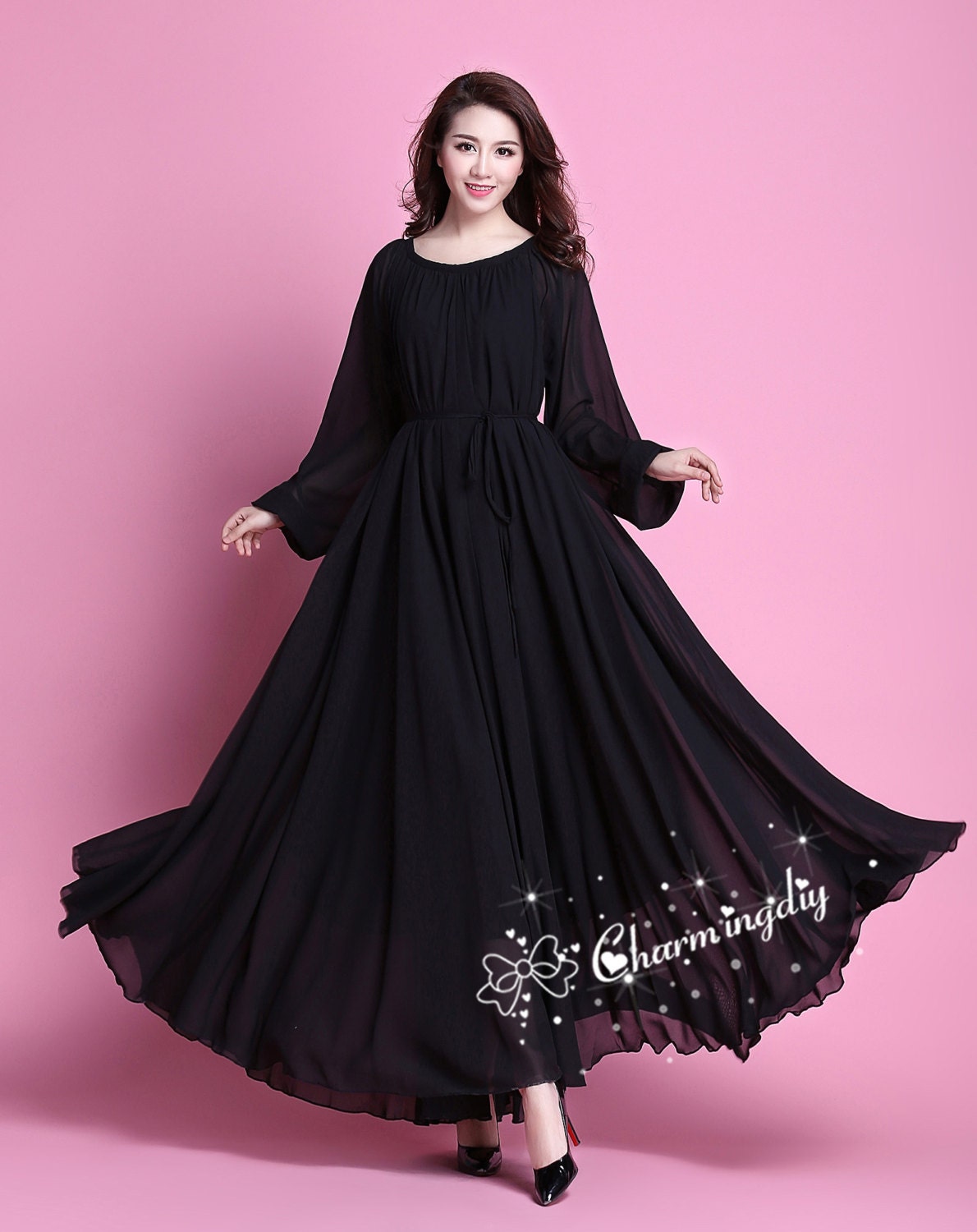 Black Chiffon Dress With Sleeves Black Chiffon Long Sleeves V-neckline  Party Dress, Black Formal Dress