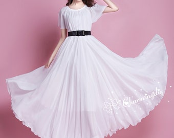 110 Colors Chiffon White Short Sleeve Long Party Dress Evening Wedding Lightweight Sundress Summer Holiday Beach Bridesmaid Dress Maxi Skirt