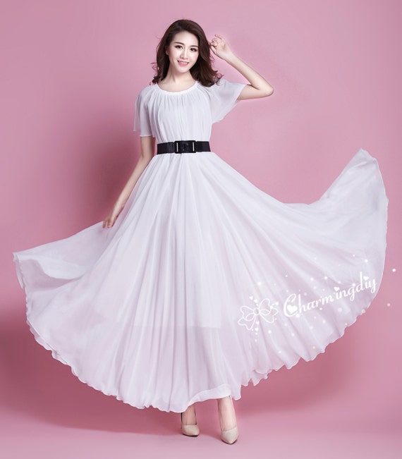 white christmas dresses Amalfi Coast White Floral Chiffon Short Sleeve Pleated Belted Maxi Dress main image 1