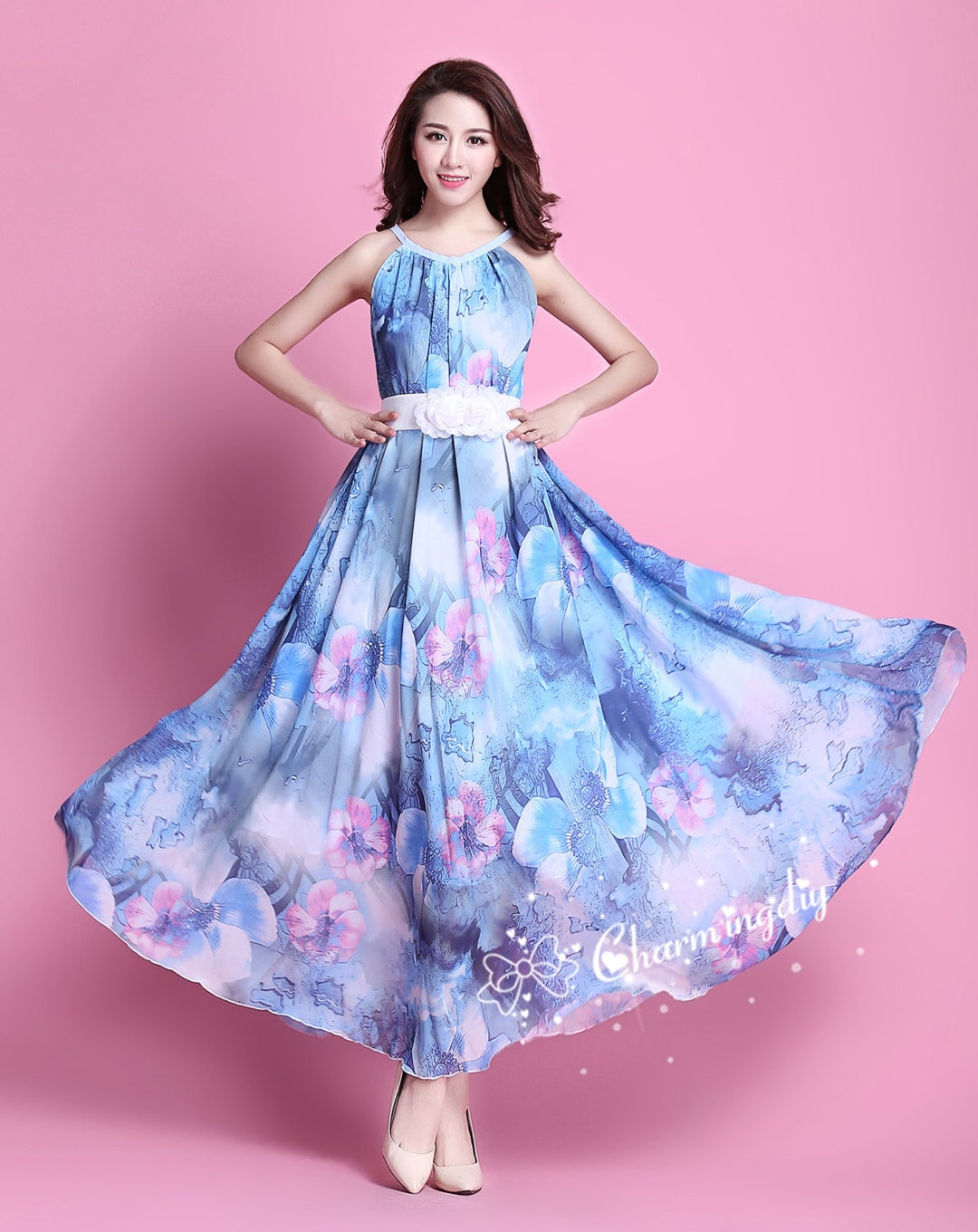 white christmas dresses Blue and Pink Floral Sleeveless Maxi Dress | Purple Door