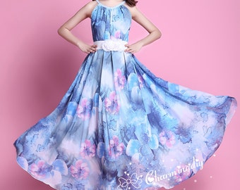 pink and blue dress for women Blue And Pink Printed Maxi Dress With Criss Cross Back