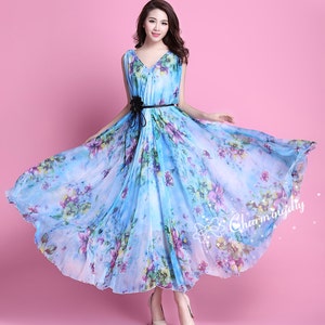 110 Colors Chiffon Blue Flower Long Party Dress Evening Wedding Maternity Lightweight Sundress summer Holiday Beach Bridesmaid Maxi Skirt