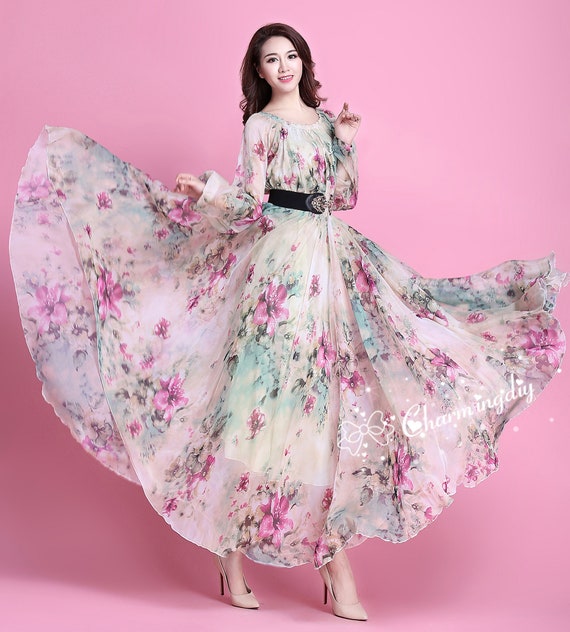 110 Colors Chiffon Flower Long Sleeve Party Big Hem Dress Evening Wedding  Maternity Lightweight Holiay Bridesmaid Maxi Skirt