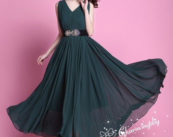 Dark Green Chiffon Maxi Dress: Evening Party Wedding Bridesmaid