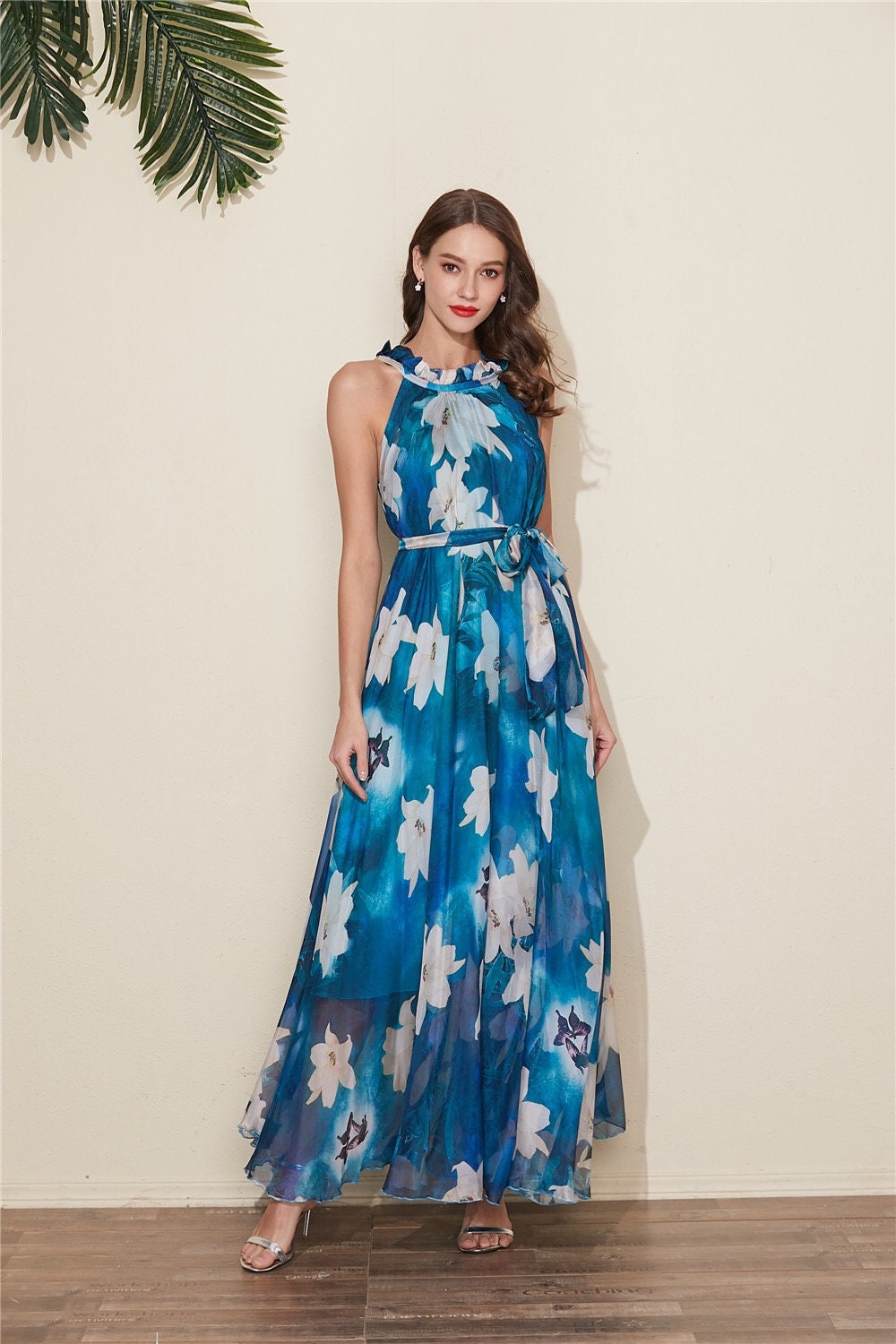 Floral Chiffon Maxi Dress: Blue Green Bridesmaid Gown