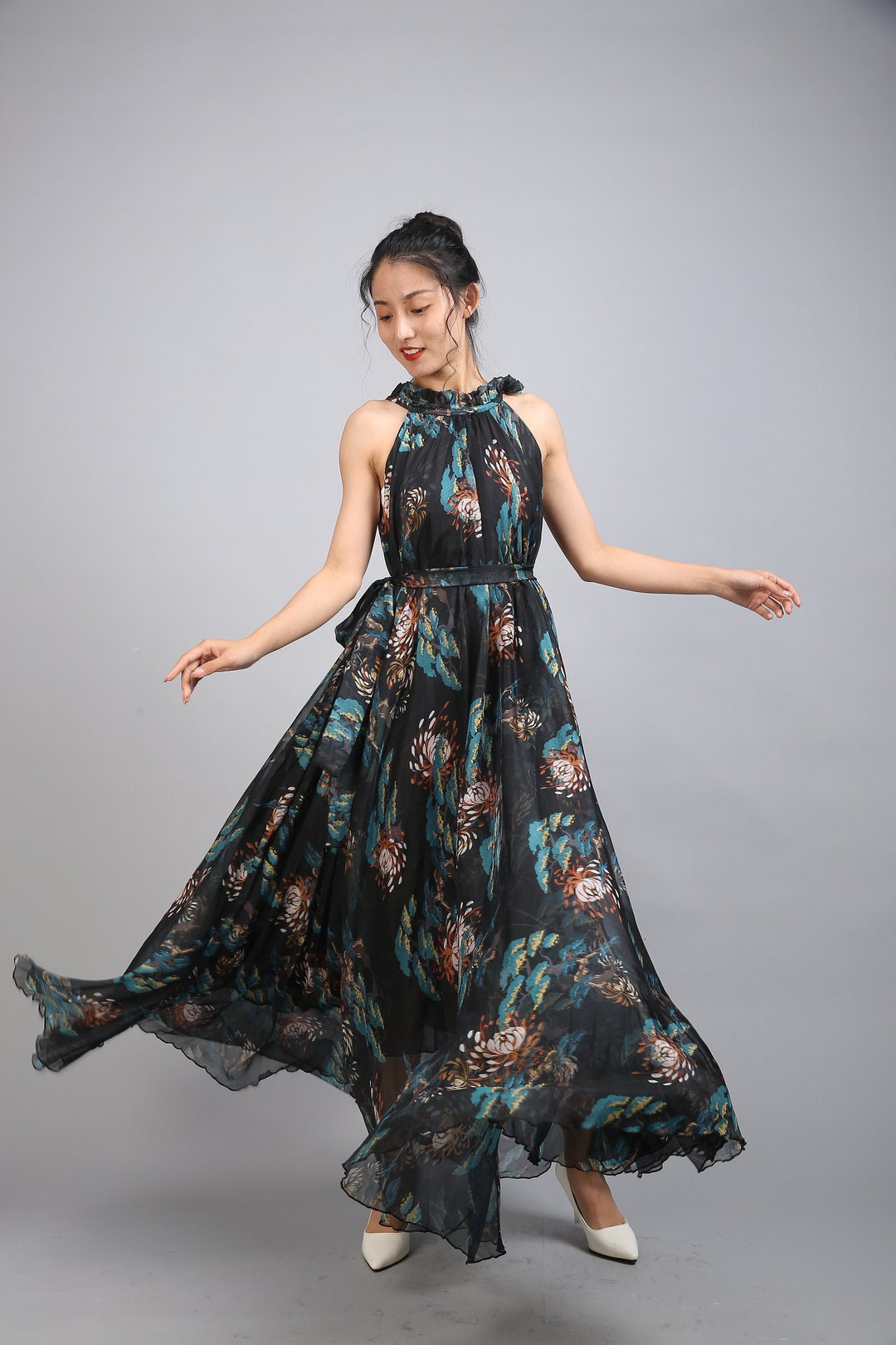 black chiffon floral dress ASOS EDITION chiffon volume sleeve maxi dress in black base floral print