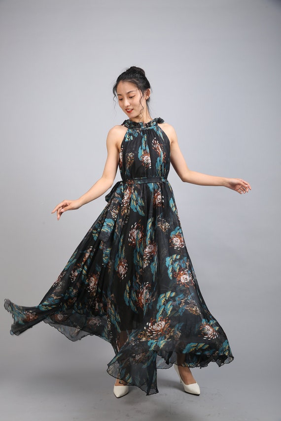 Chiffon Black Flower Maxi Dress: Lightweight Party Gown