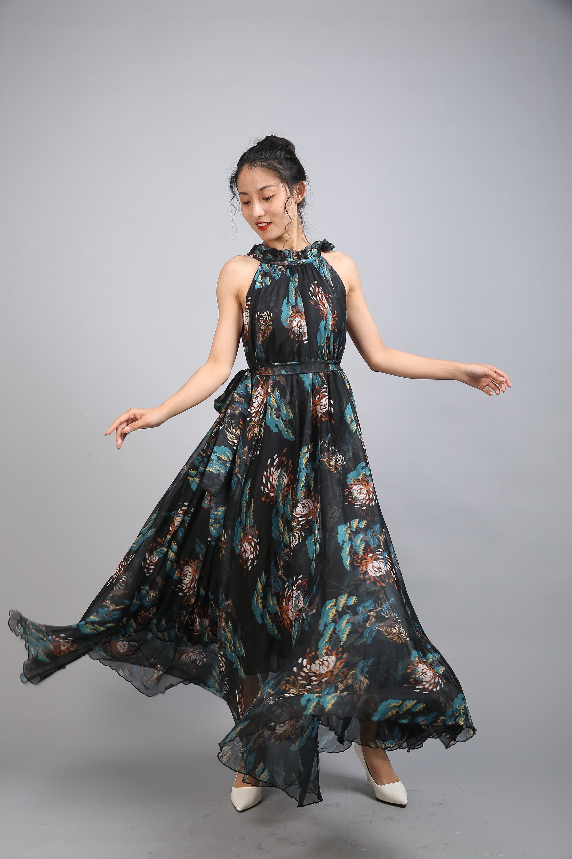 black floral chiffon maxi dress ASOS EDITION chiffon volume sleeve maxi dress in black base floral print