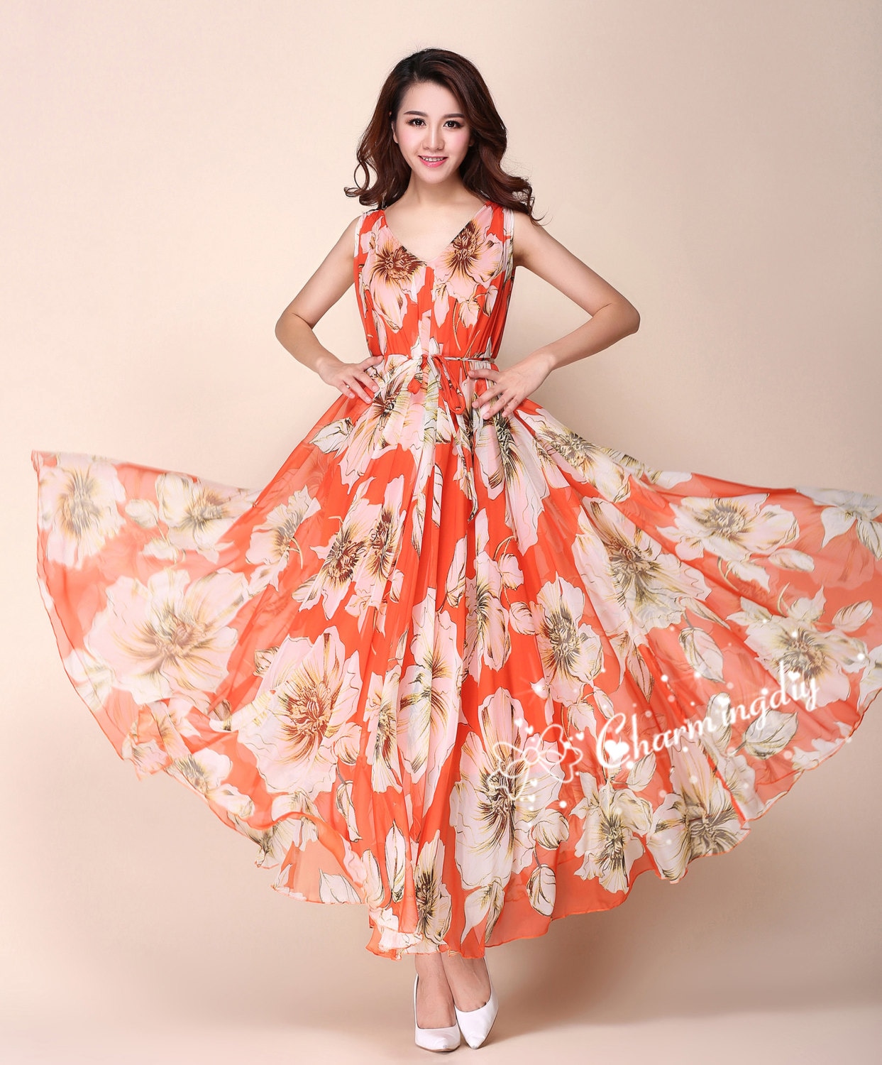 90 Colors Chiffon Orange Flower Long Party Evening Wedding
