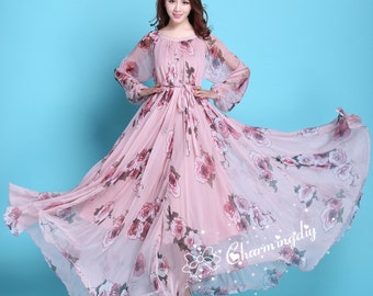 110 Colors Chiffon Pink Floral Flowber Autumn Long Sleeve Party Big Hem Dress Evening Wedding Maternity Lightweight Bridesmaid Maxi Skirt