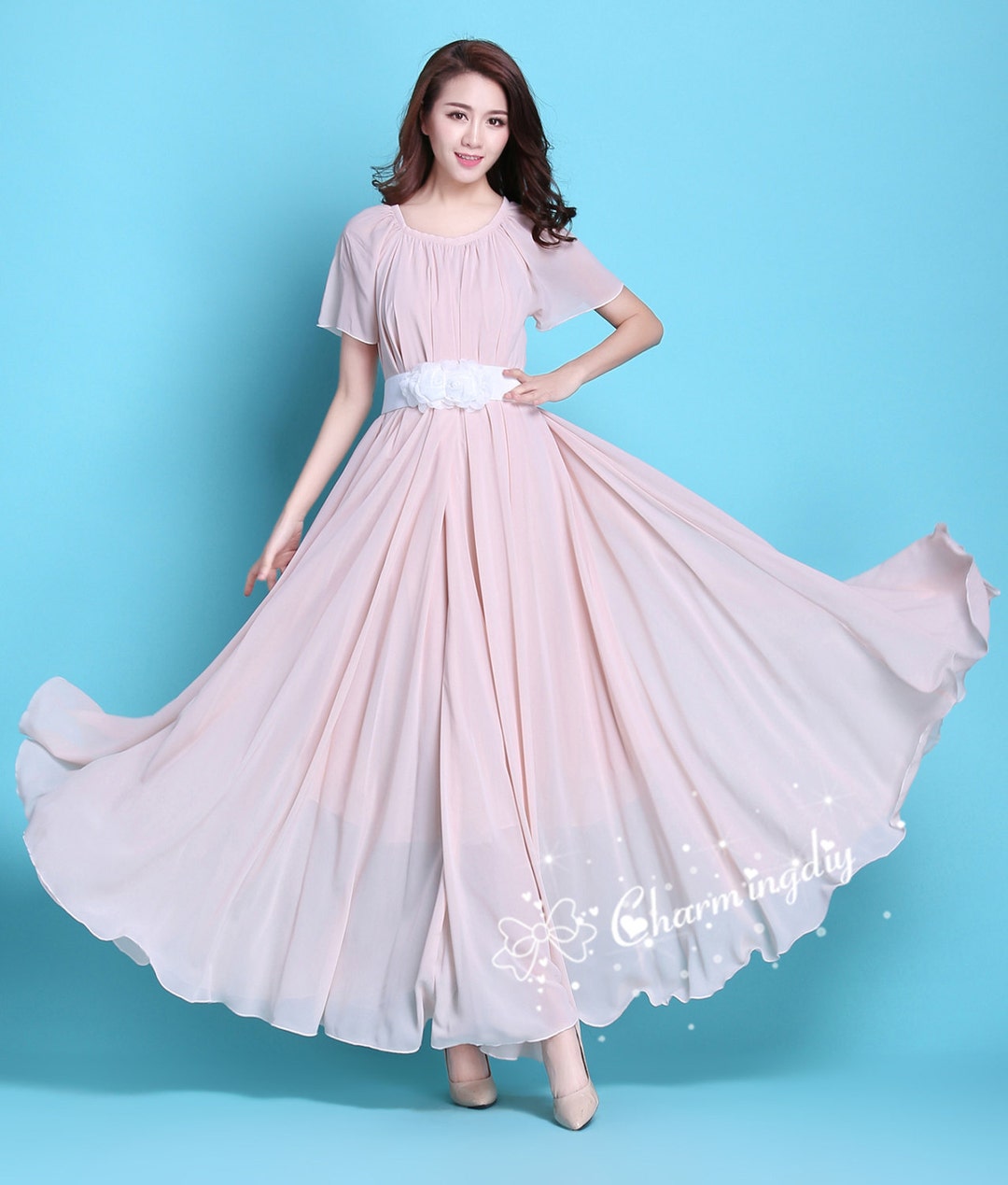 110 Colors Chiffon Pink Short Sleeve Long Party Dress Evening Wedding ...