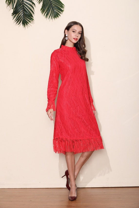 Rojo encaje manga larga fiesta vestido noche noche vestido de | Etsy México