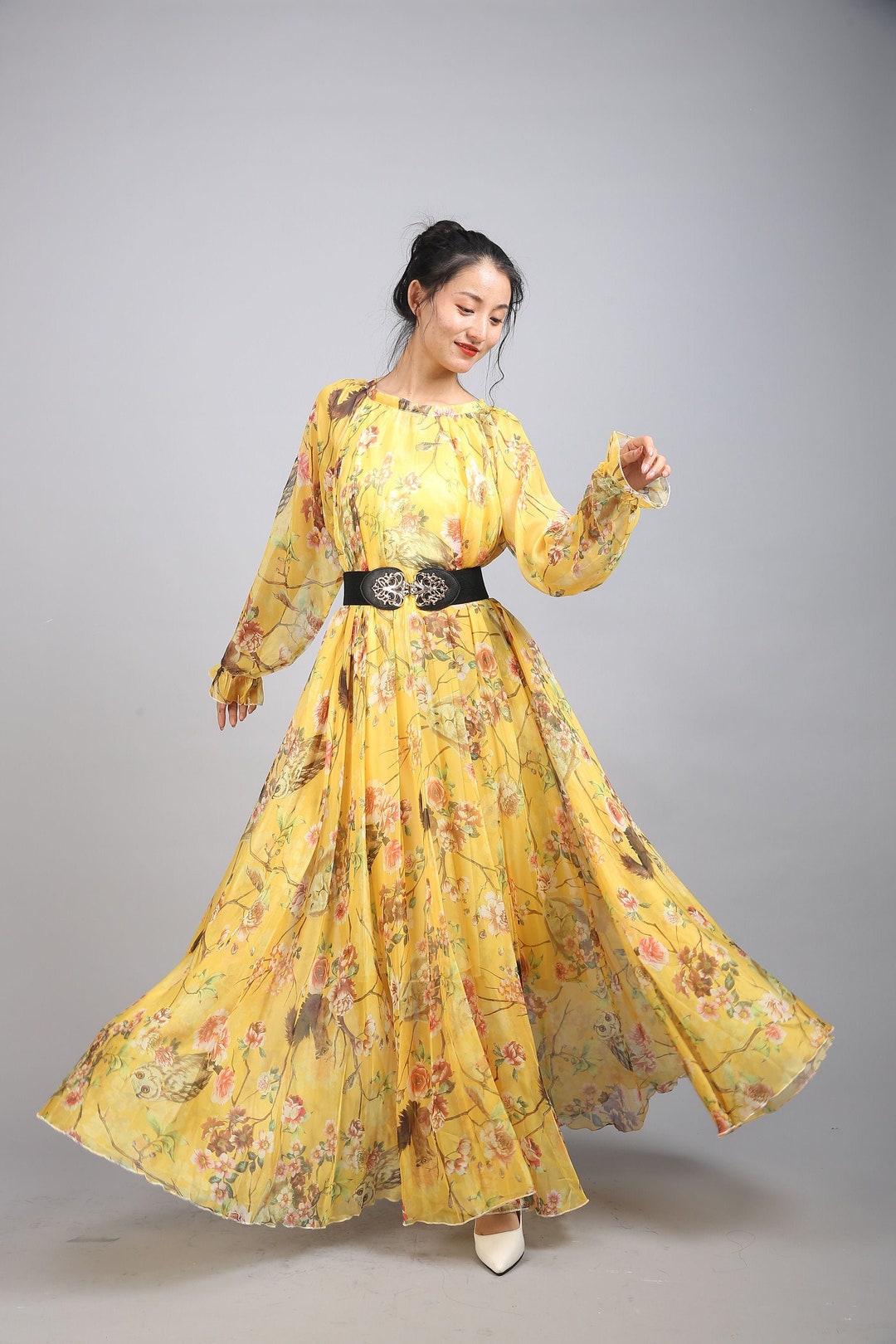 Yellow Floral Chiffon Maxi Dress: Lightweight Wedding Party Gown