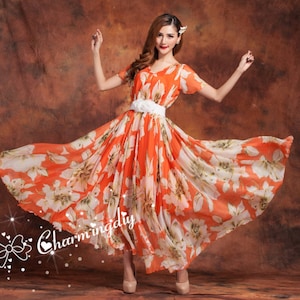 Orange Floral Chiffon Maxi Dress: V Neck Summer Party Gown