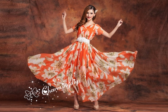 open lace back dress Cambri Orange Floral Chiffon Maxi Dress - US 0 main image 1