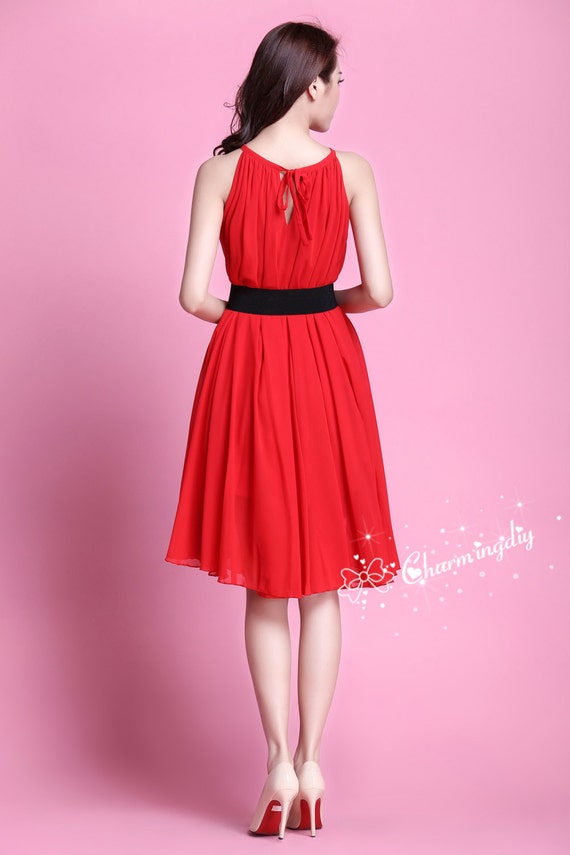 Red Chiffon Knee Length Dress: Party, Wedding, or Bridesmaid