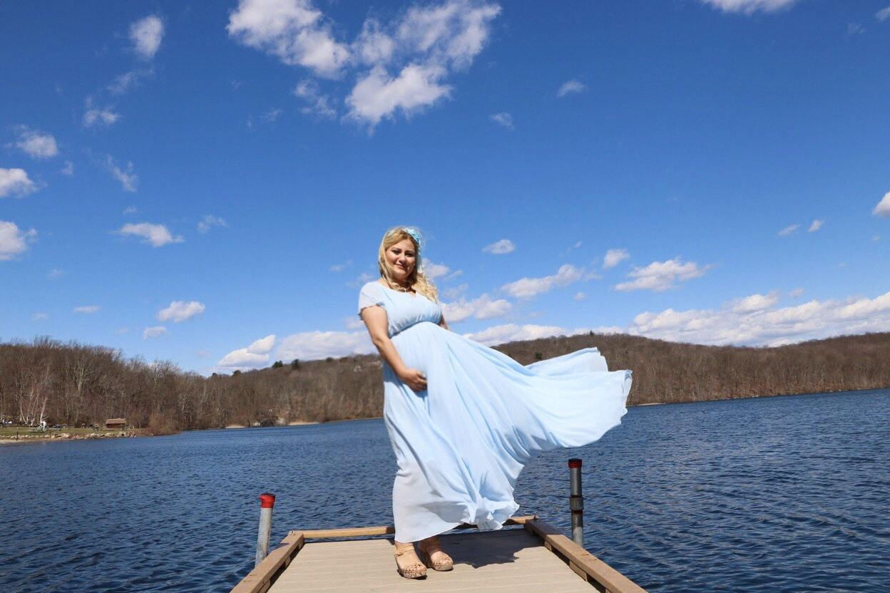 Light Blue Chiffon Maternity Dress: Long Maxi Skirt, Removable Belts