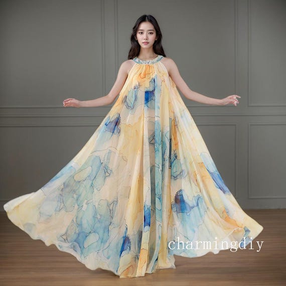 Floral Chiffon Maxi Dress: Yellow Party Gown, Maternity Sundress - Etsy