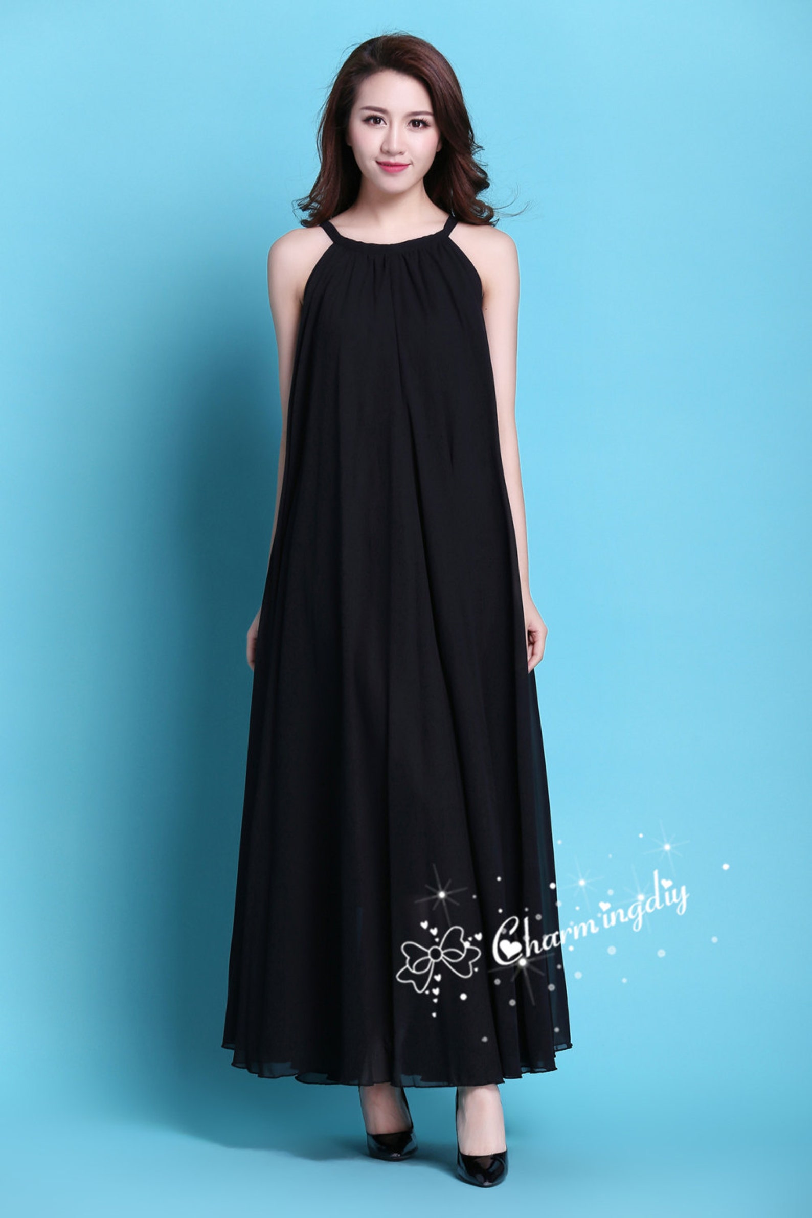 Black Chiffon Low Back Straps Floor Length Party Dress, Black Chiffon Long Prom Dress