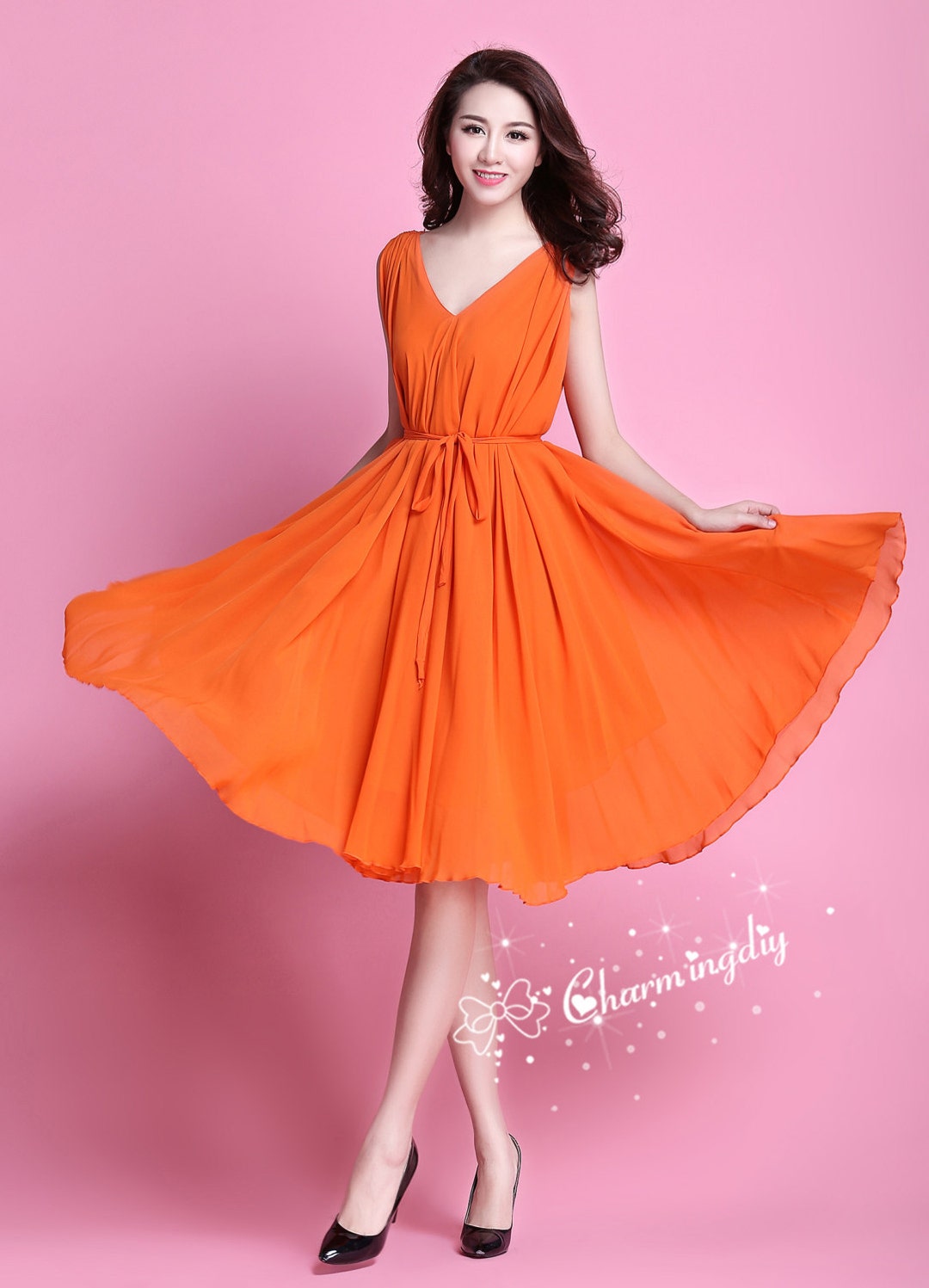 Scoop Neck Chiffon Girl's Knee-Length Dress Orange