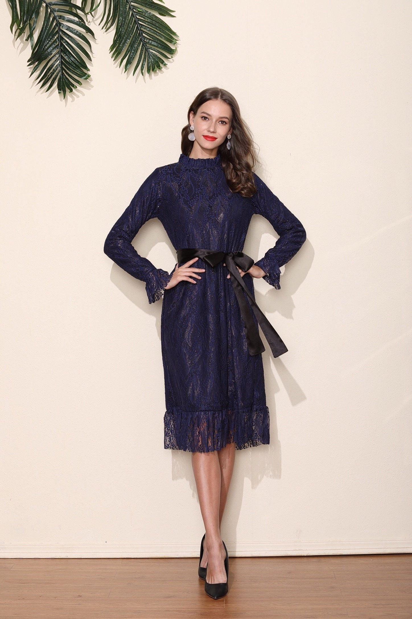 Navy Blue Lace Long Sleeve Party Dress Evening Wedding Etsy