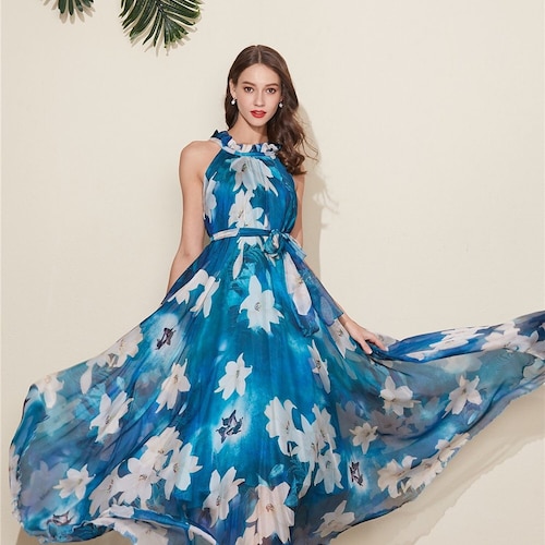 Floral Chiffon Maxi Dress: Blue Green Bridesmaid Gown