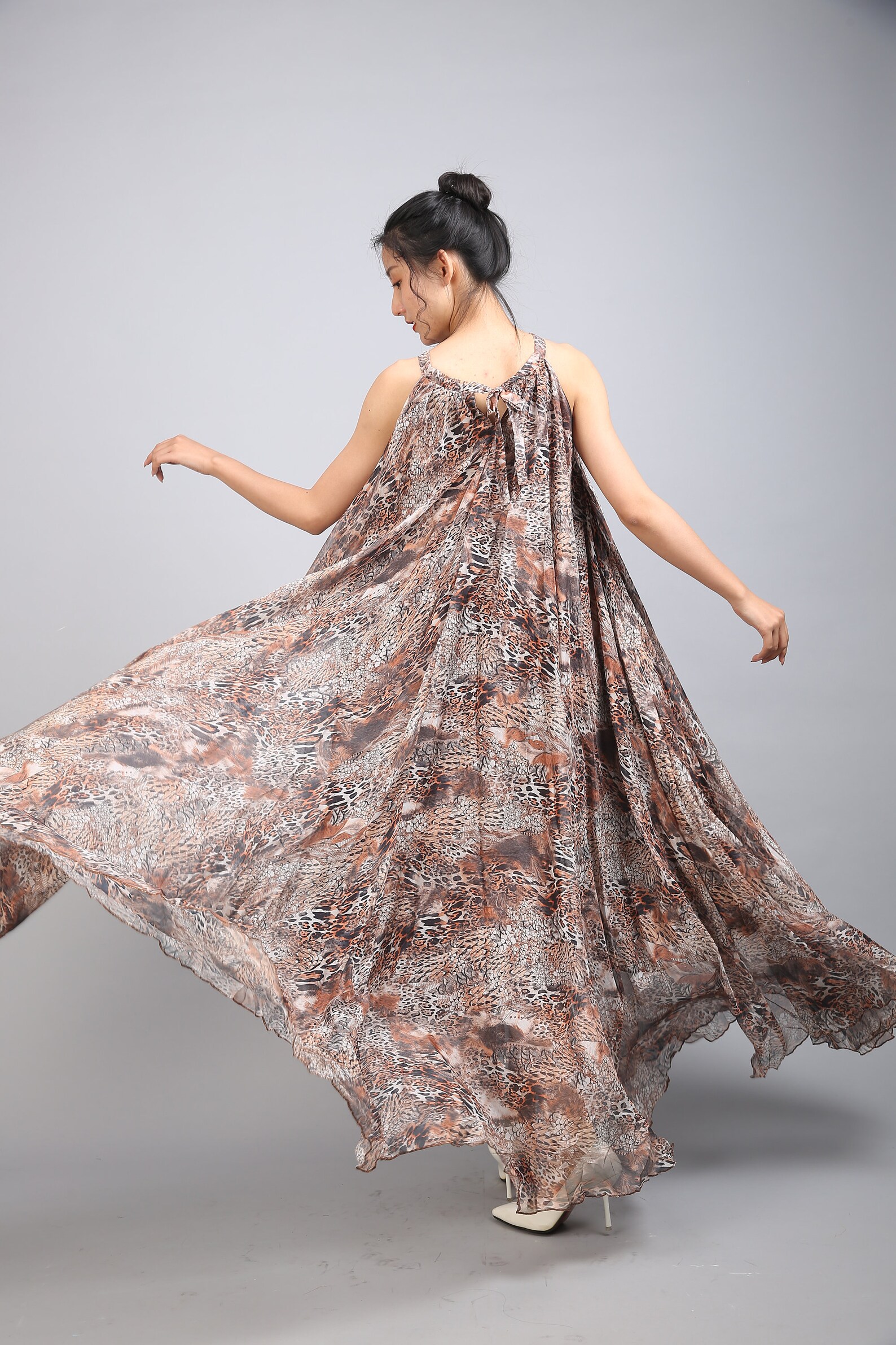 Chiffon Flower Printed Prom Party Dress 21st Birthday Outfit Evening Dress