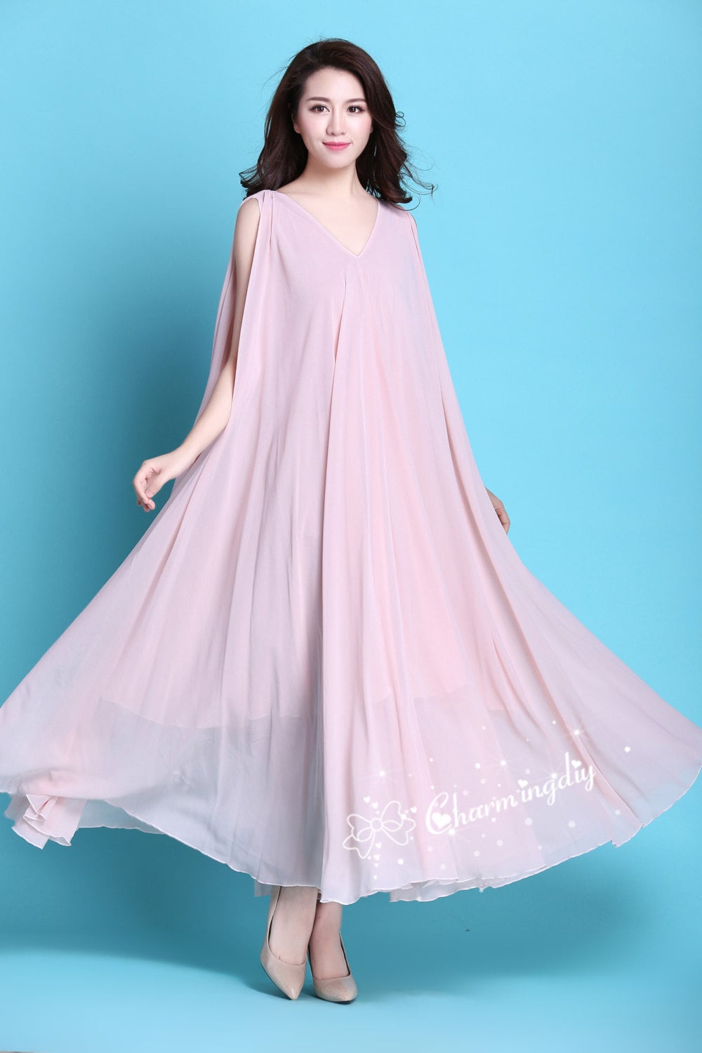 Pink Chiffon Ruffles Long Party Evening Dress cc2398