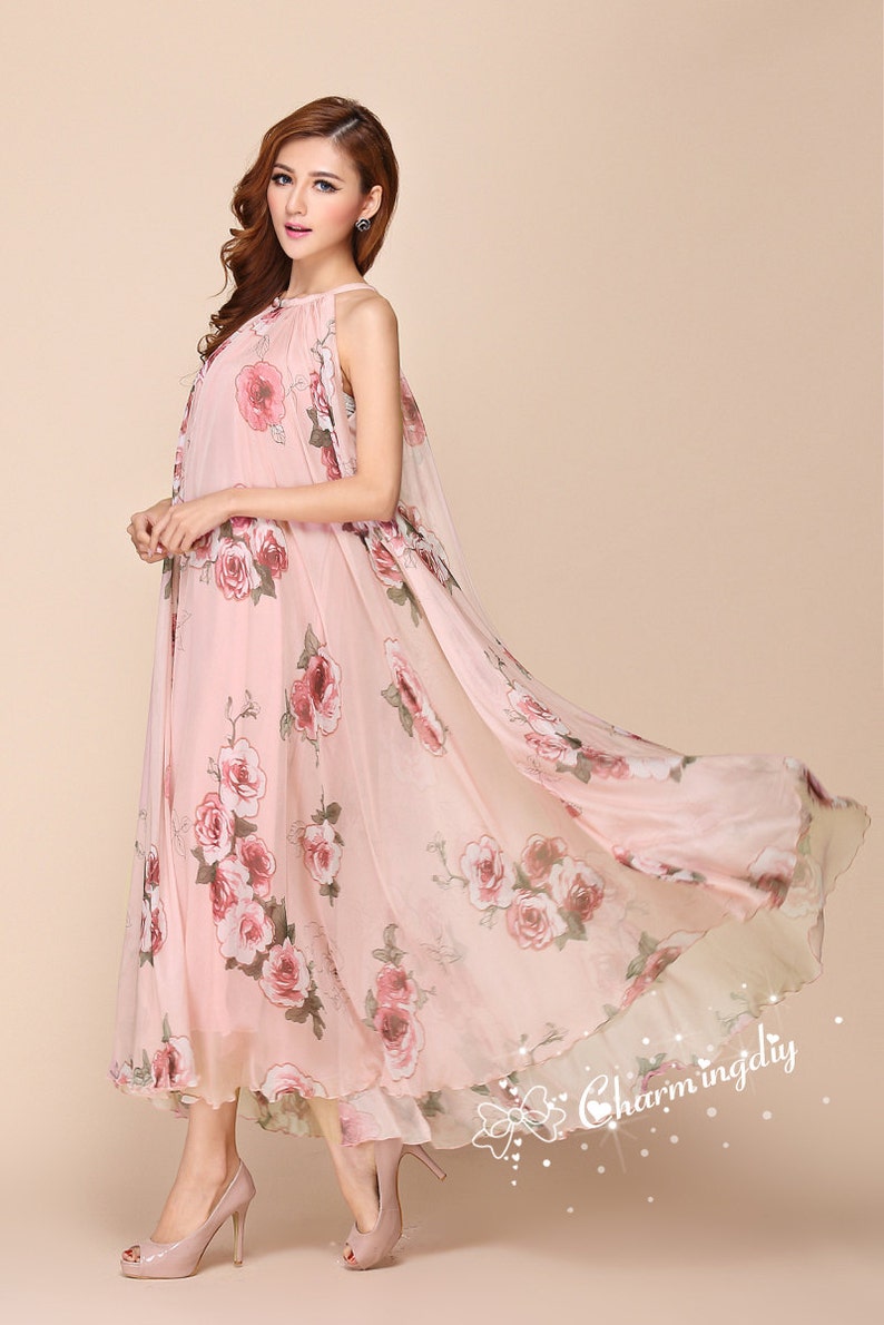 110 colors chiffon pink flower long dress, Maxi dress, summer dress, Custom dress, plus size dress, evening dress, Bridesmaid Dress image 4