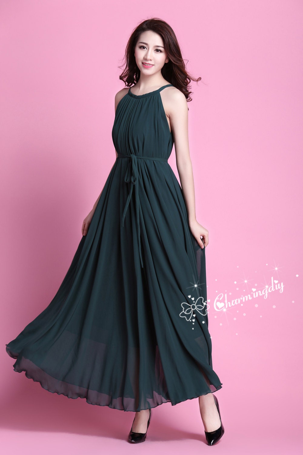 dark green chiffon maxi dress Dark Green Chiffon Maxi Dress V Neck Swing Party Elegance 5114 Emerald Green / S